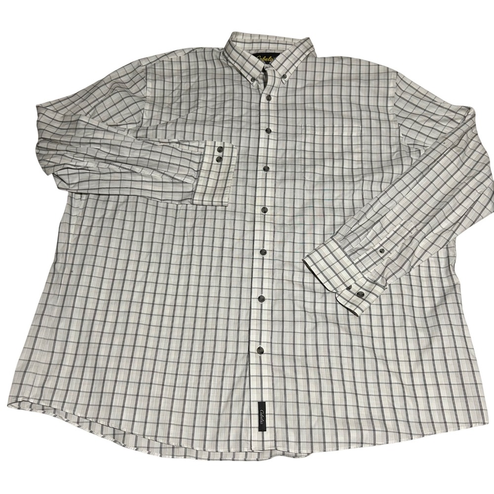 Cabela's Button Down Shirt Mens 3XLT White Gray Plaid Long Sleeve Pocket